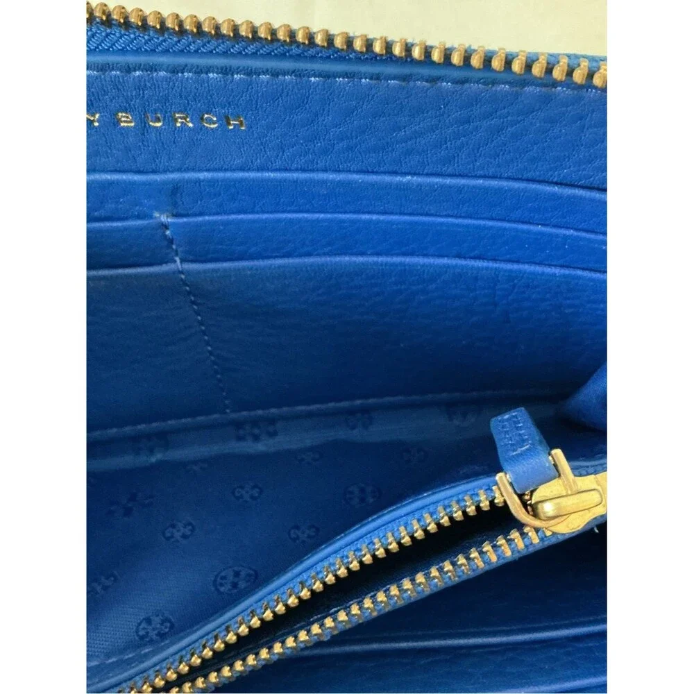 Tory Burch Cobalt Blue Zip-Around Wallet with Gold Logo